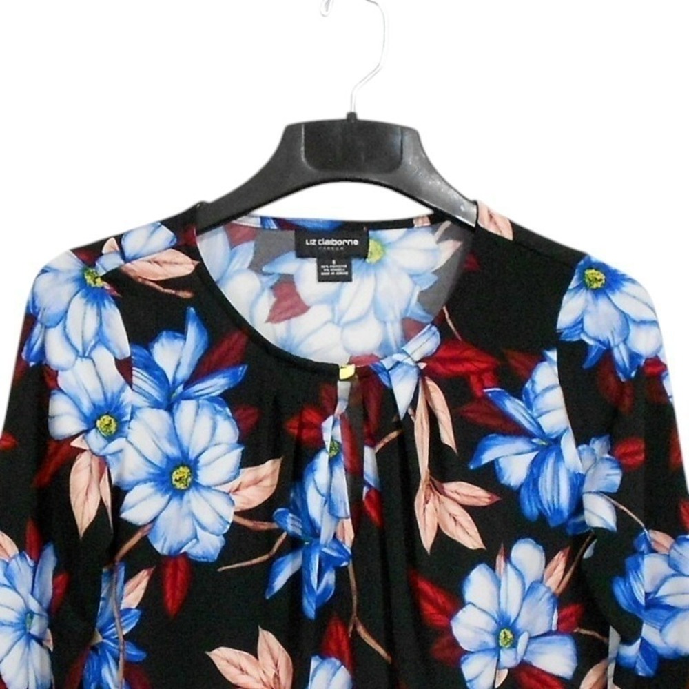 Liz‎ Claiborne Top Small Black Floral Print 3/4 Sleeve Round Keyhole Neck Career - Picture 8 of 9
